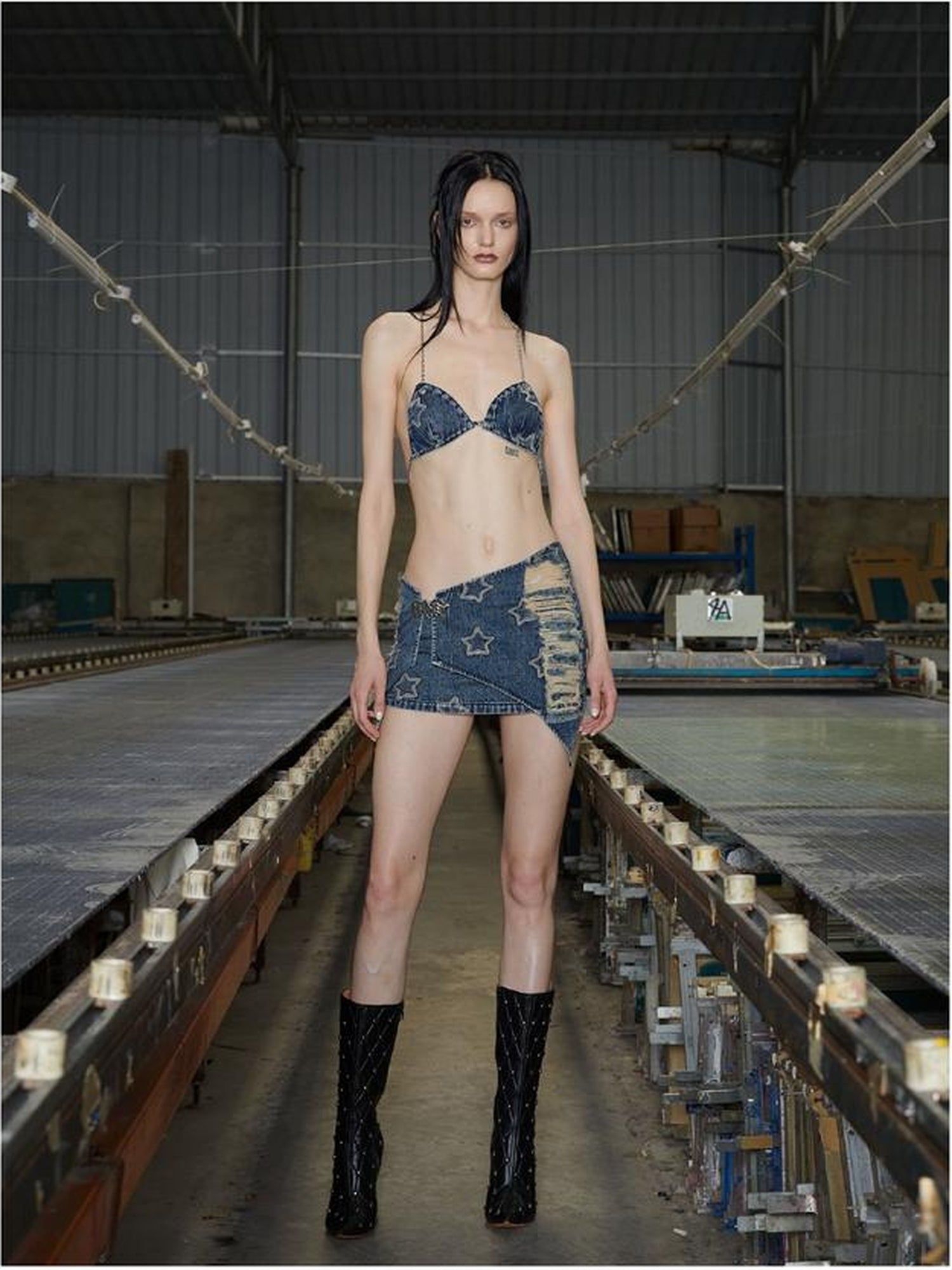 24ans Denim Bandeau Top Adjustable Cotton Vacation Wear