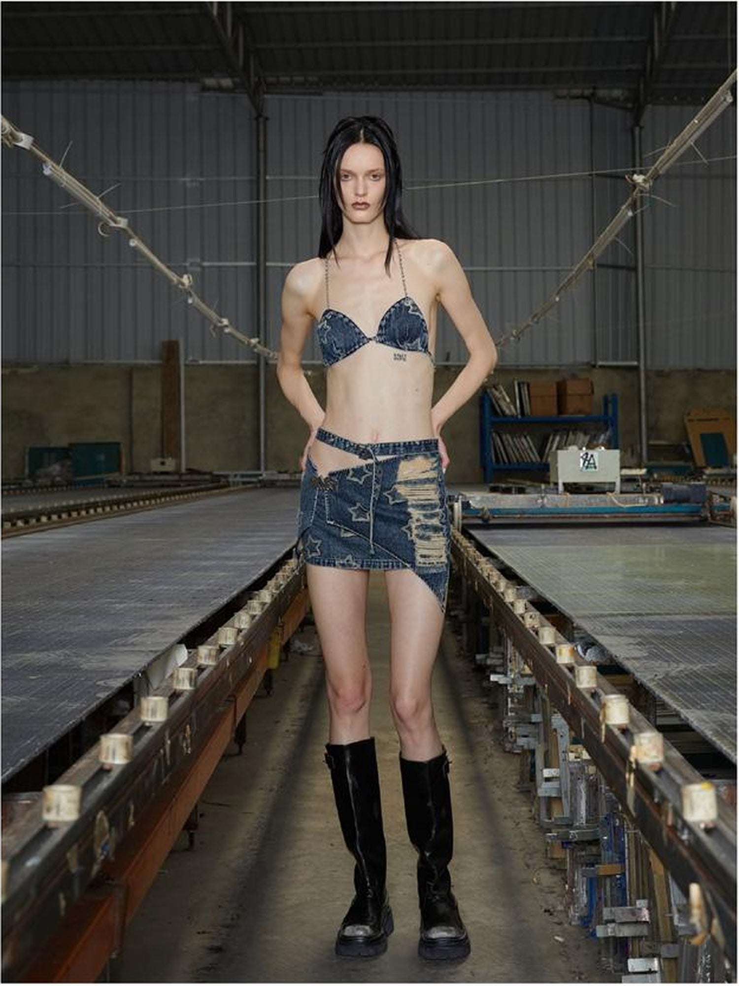 24ans Denim Bandeau Top Adjustable Cotton Vacation Wear