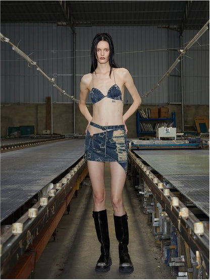 24ans Denim Bandeau Top Adjustable Cotton Vacation Wear