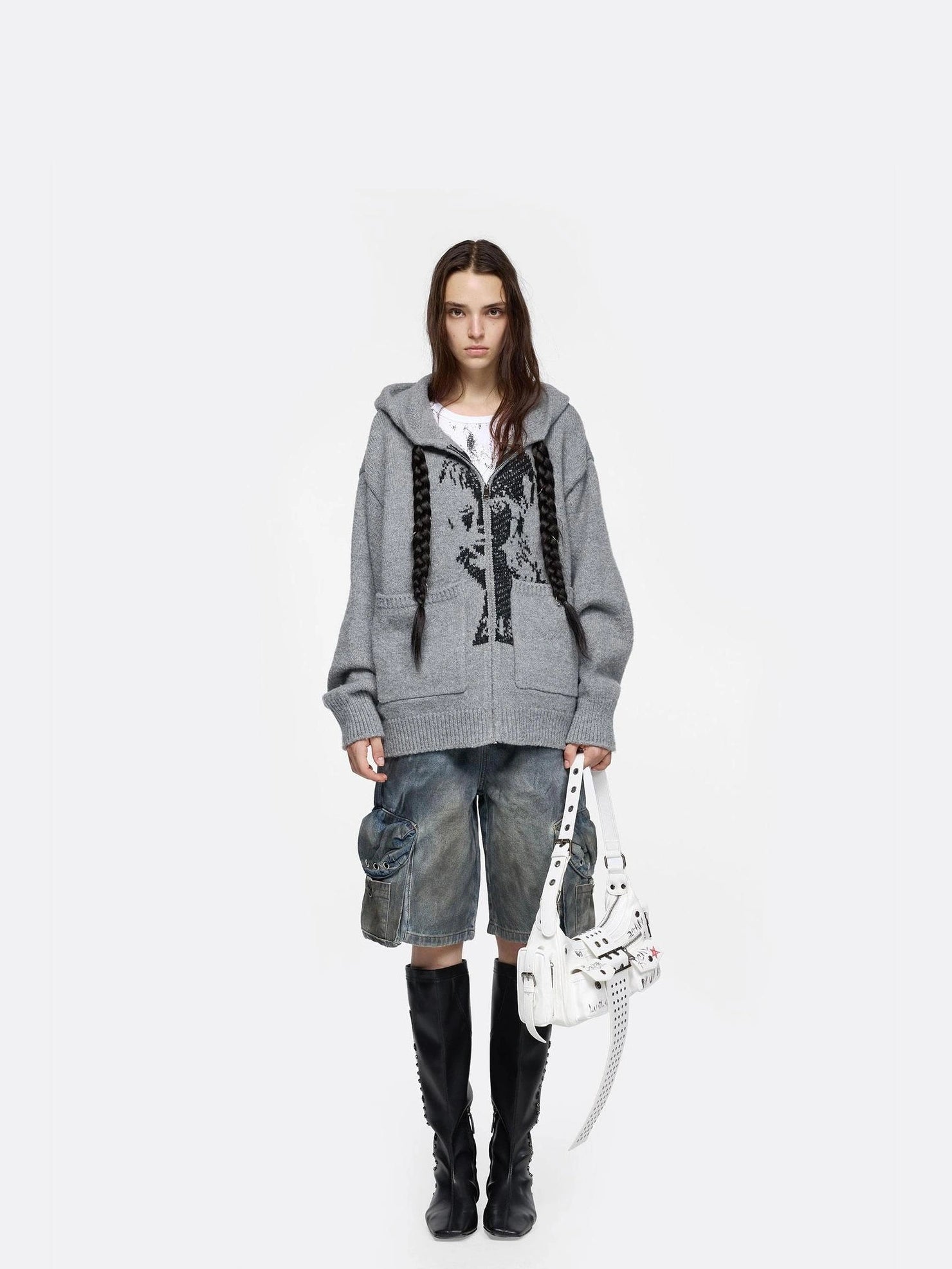 24ans Detachable Braid Hooded Knit Sweater Sweater