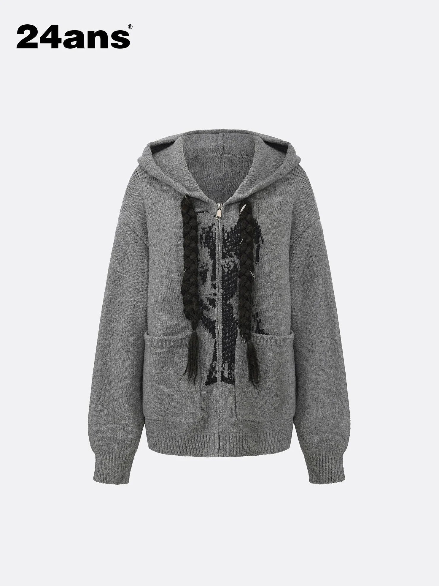 24ans Detachable Braid Hooded Knit Sweater Sweater