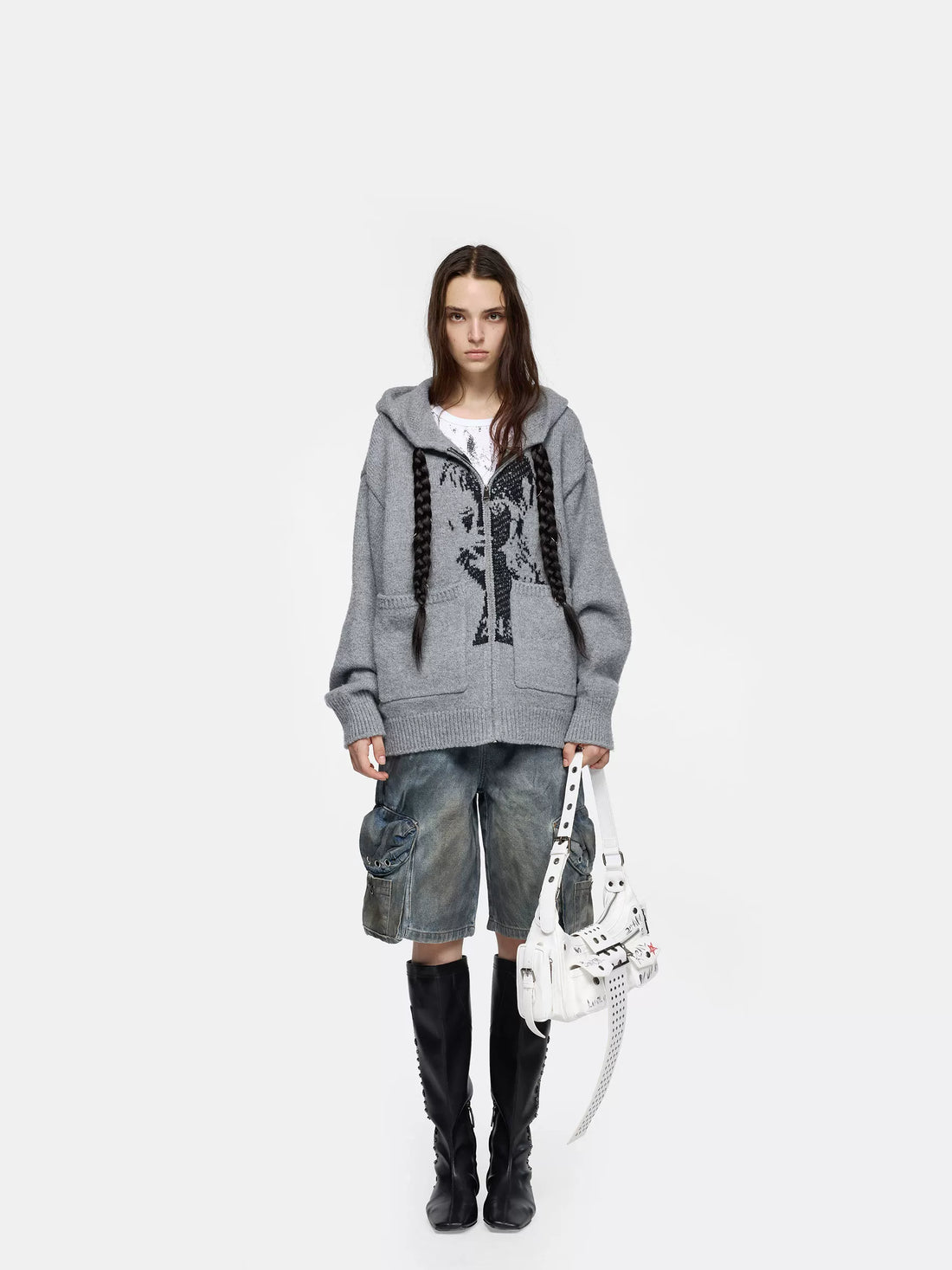 24ans Detachable Braid Hooded Knit Sweater Sweater-1