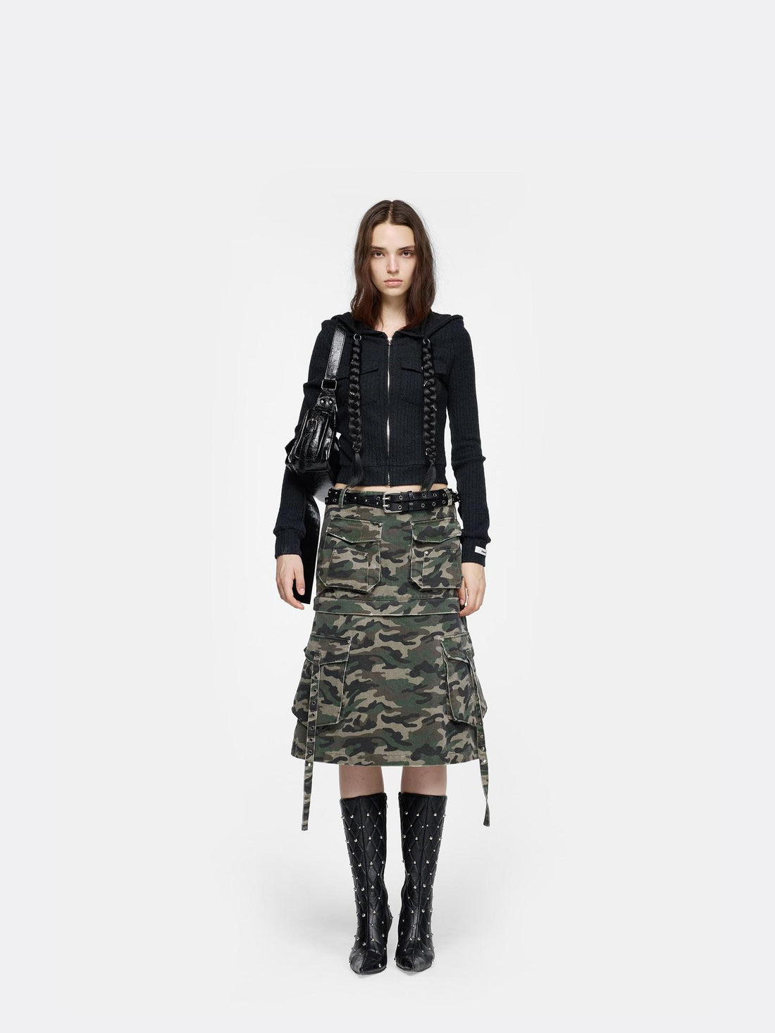 24ans Detachable Braid Knit Coat Black Brown