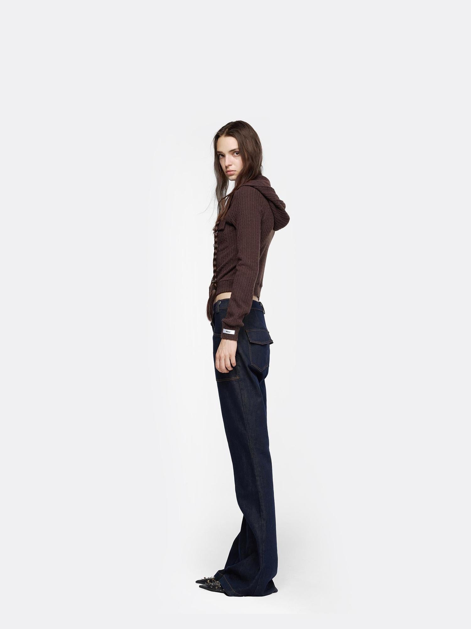 24ans Detachable Braid Knit Coat Black Brown