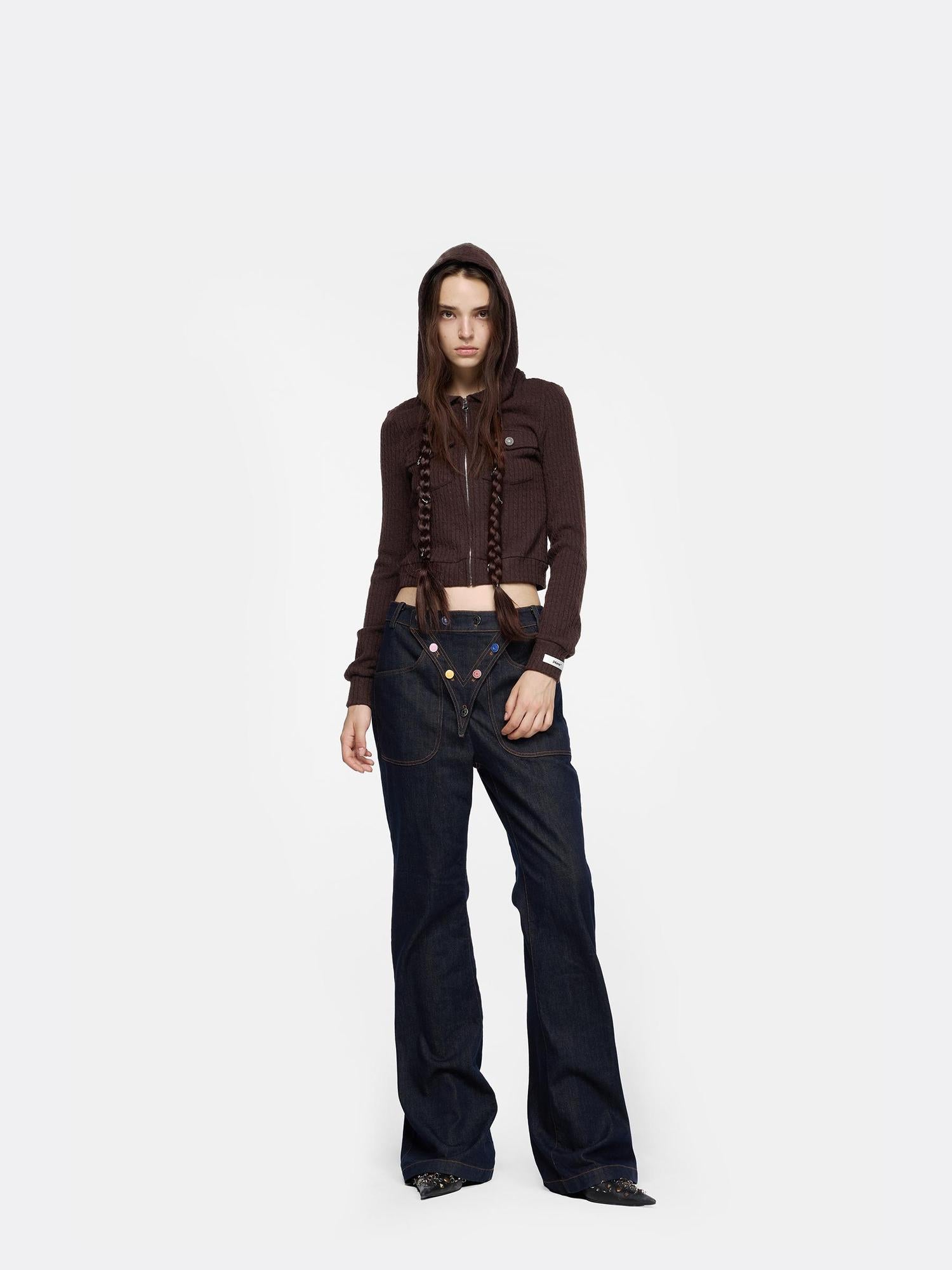 24ans Detachable Braid Knit Coat Black Brown
