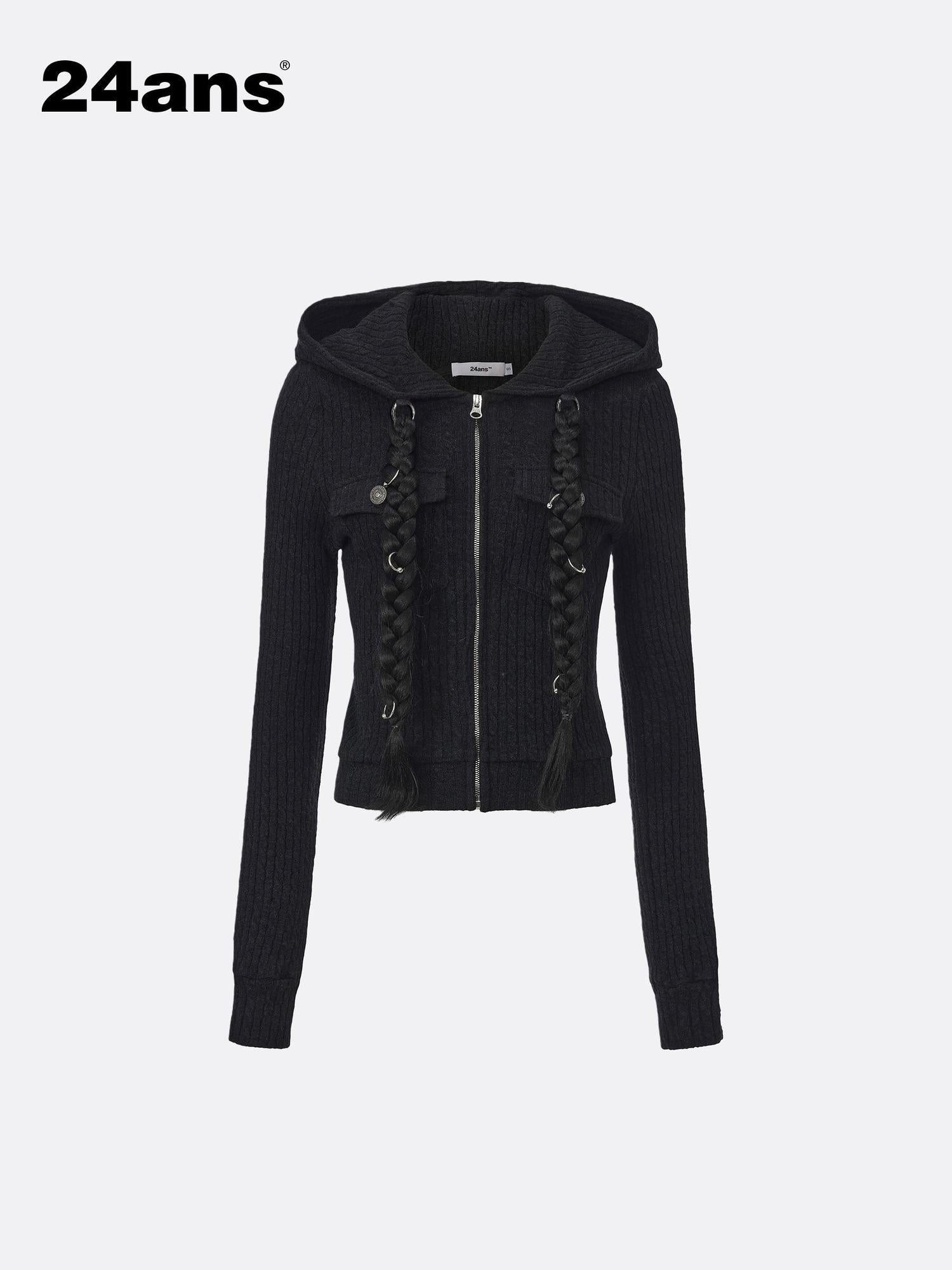 24ans Detachable Braid Knit Coat Black Brown