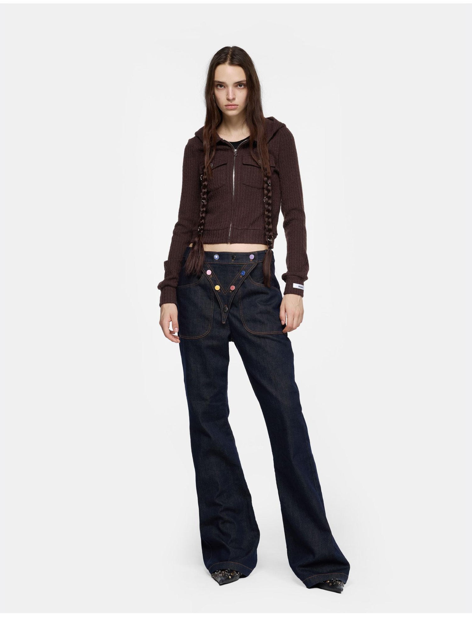 24ans Detachable Braid Knit Coat Black Brown