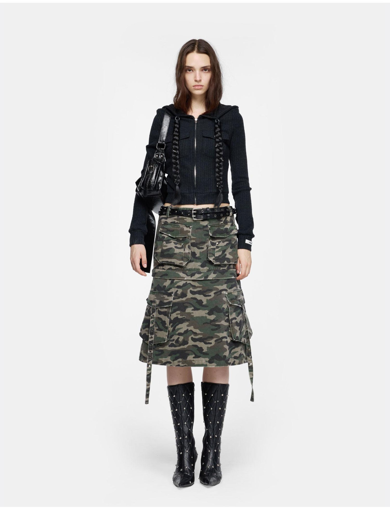 24ans Detachable Braid Knit Coat Black Brown