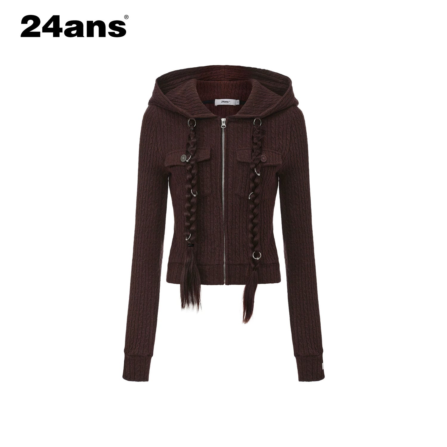 24ans Detachable Braid Knit Coat Black Brown MISSTT
