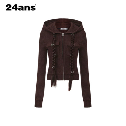 24ans Detachable Braid Knit Coat Black Brown MISSTT