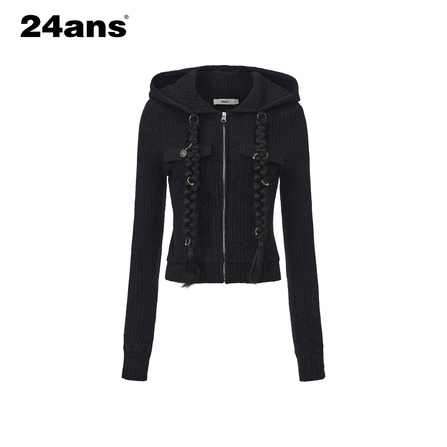 24ans Detachable Braid Knit Coat Black Brown MISSTT