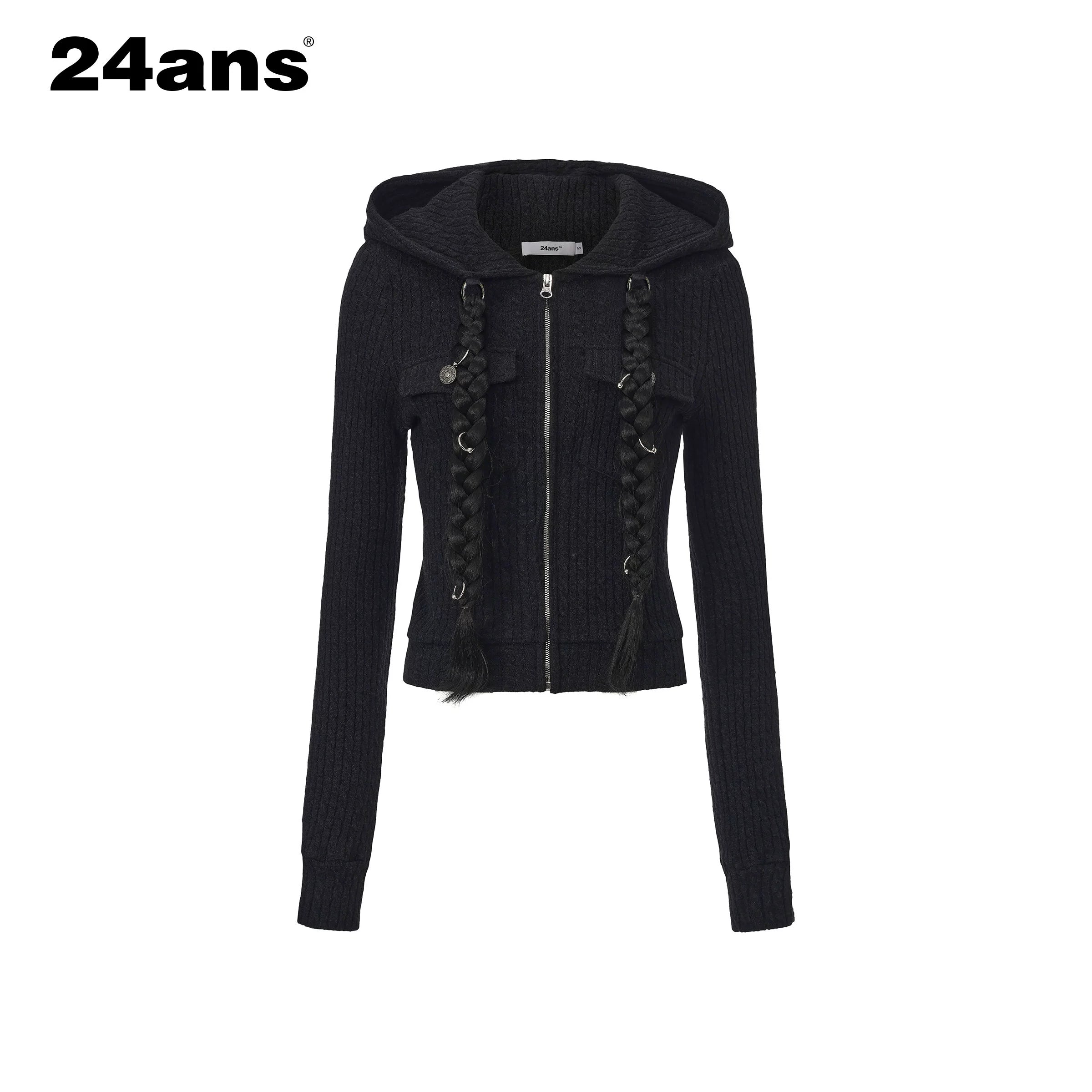 24ans Detachable Braid Knit Coat Black Brown MISSTT