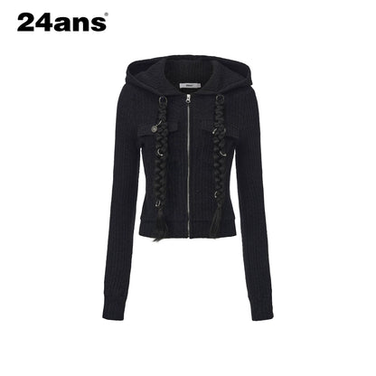 24ans Detachable Braid Knit Coat Black Brown MISSTT