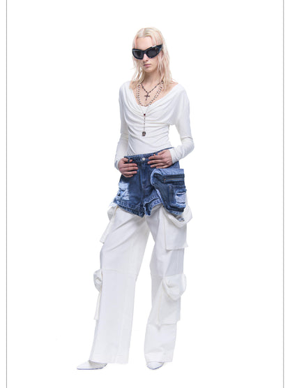24ans Detachable Side Bag Denim Shorts