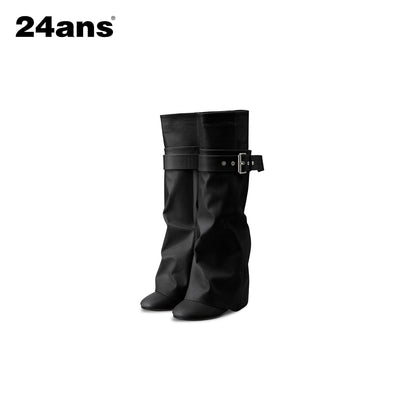 24ans_Distressed_Belt_Buckle_Round_Toe_Block_Heel_Women&