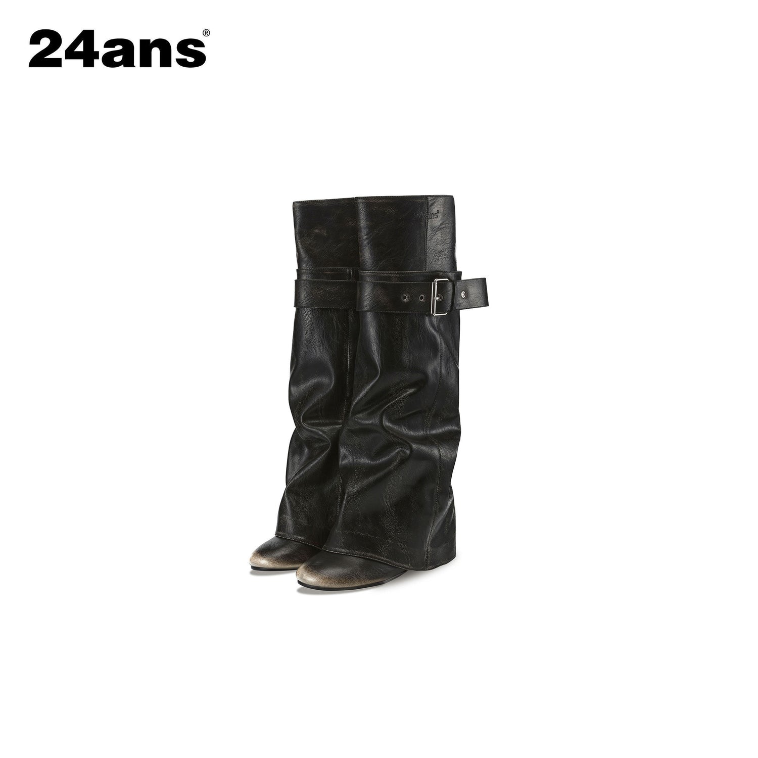 24ans_Distressed_Belt_Buckle_Round_Toe_Block_Heel_Women&
