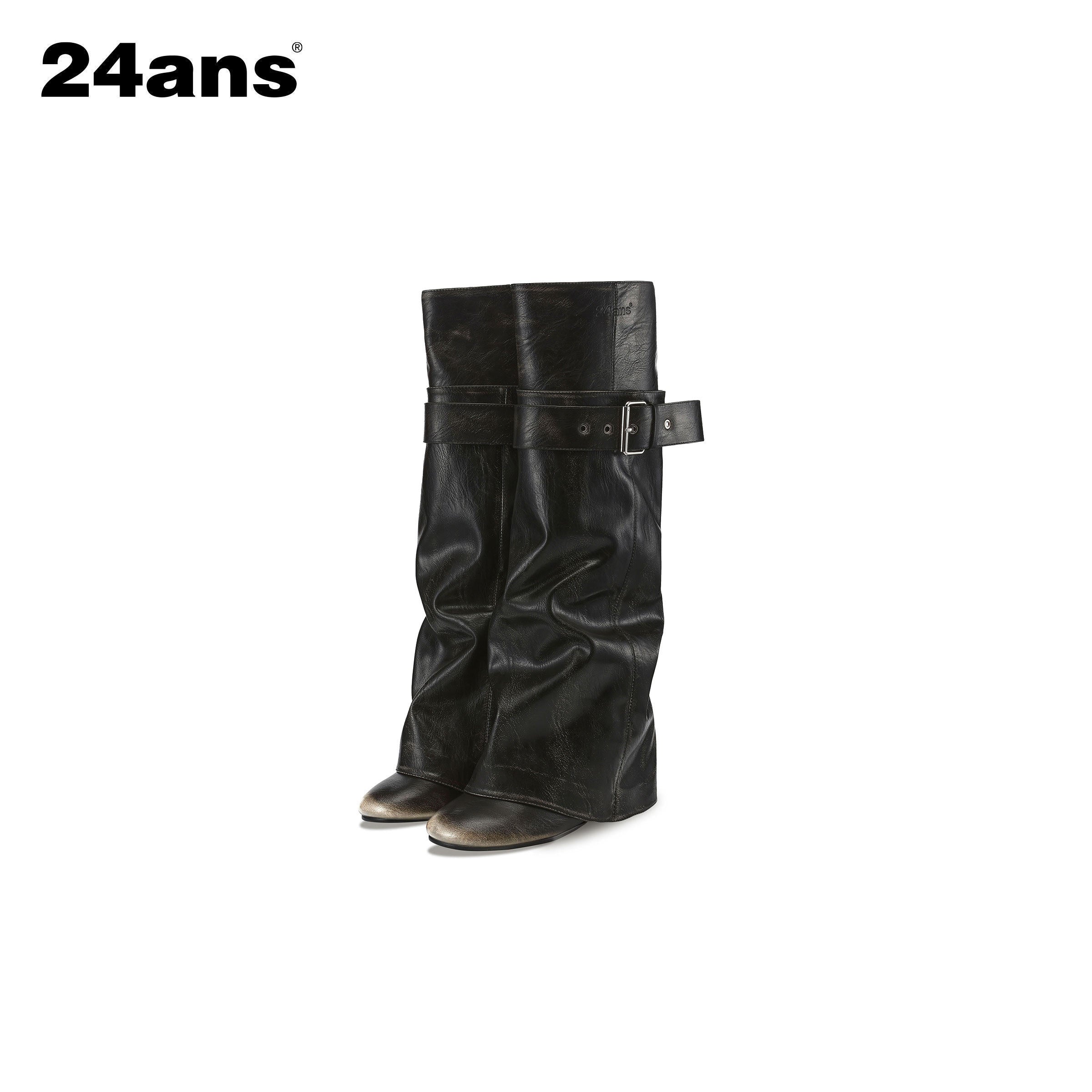 24ans_Distressed_Belt_Buckle_Round_Toe_Block_Heel_Women&