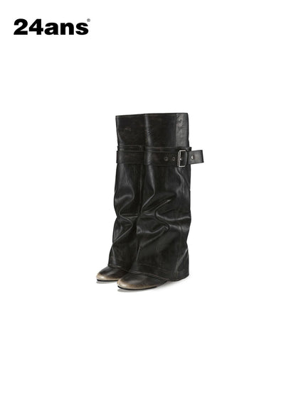 24ans Distressed Belt Buckle Round Toe Block Heel Women&