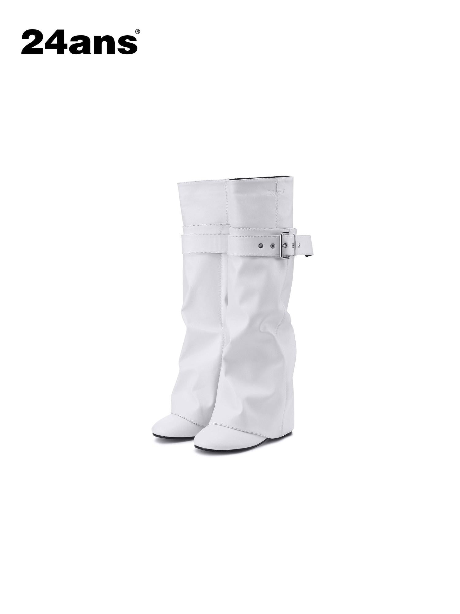24ans Distressed Belt Buckle Round Toe Block Heel Women&