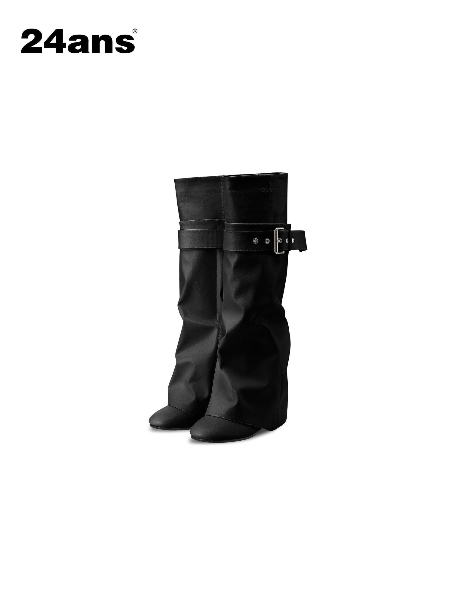 24ans Distressed Belt Buckle Round Toe Block Heel Women&