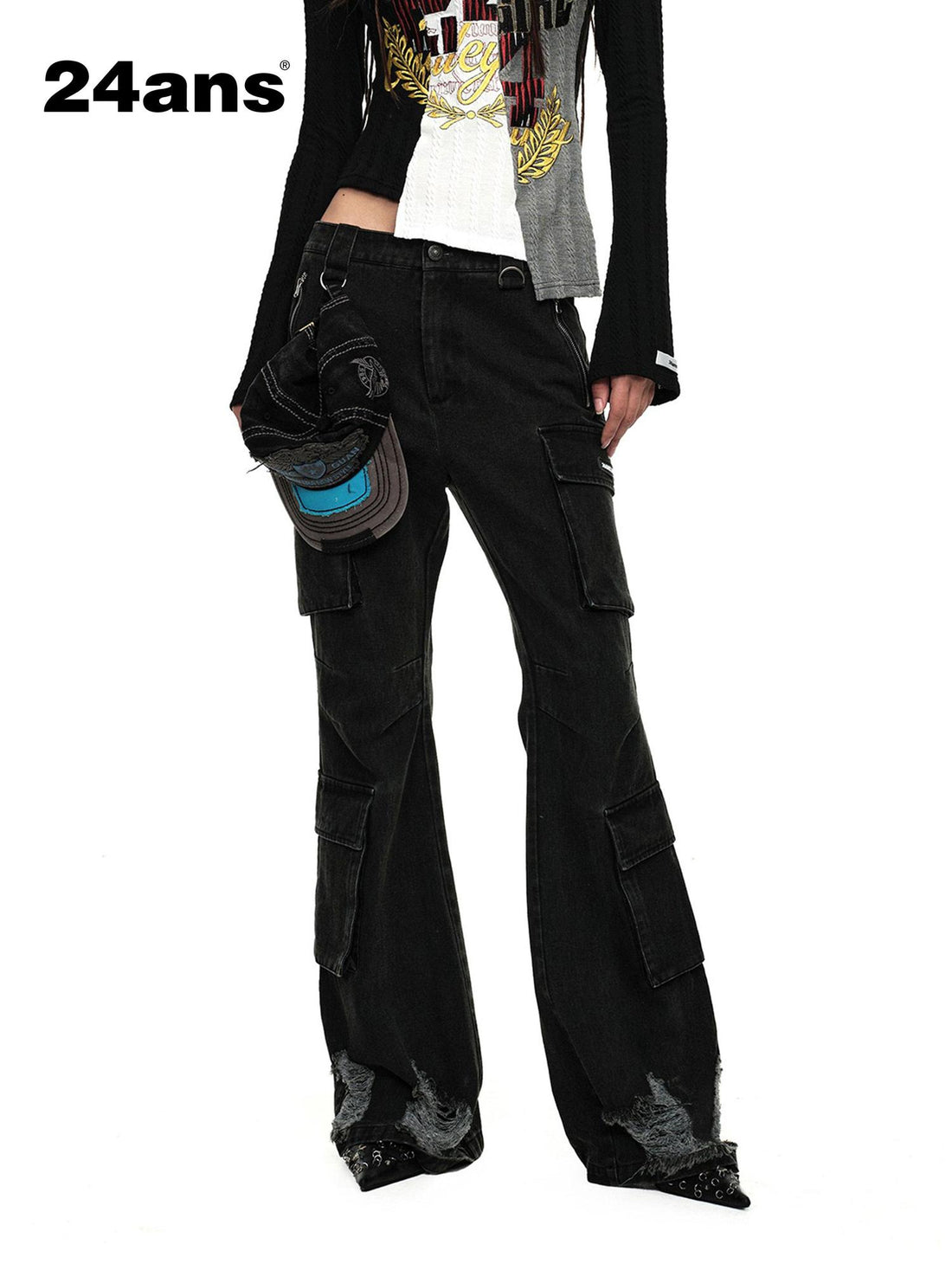 Distressed Black Flared Wide Leg Jeans With Raw Hem