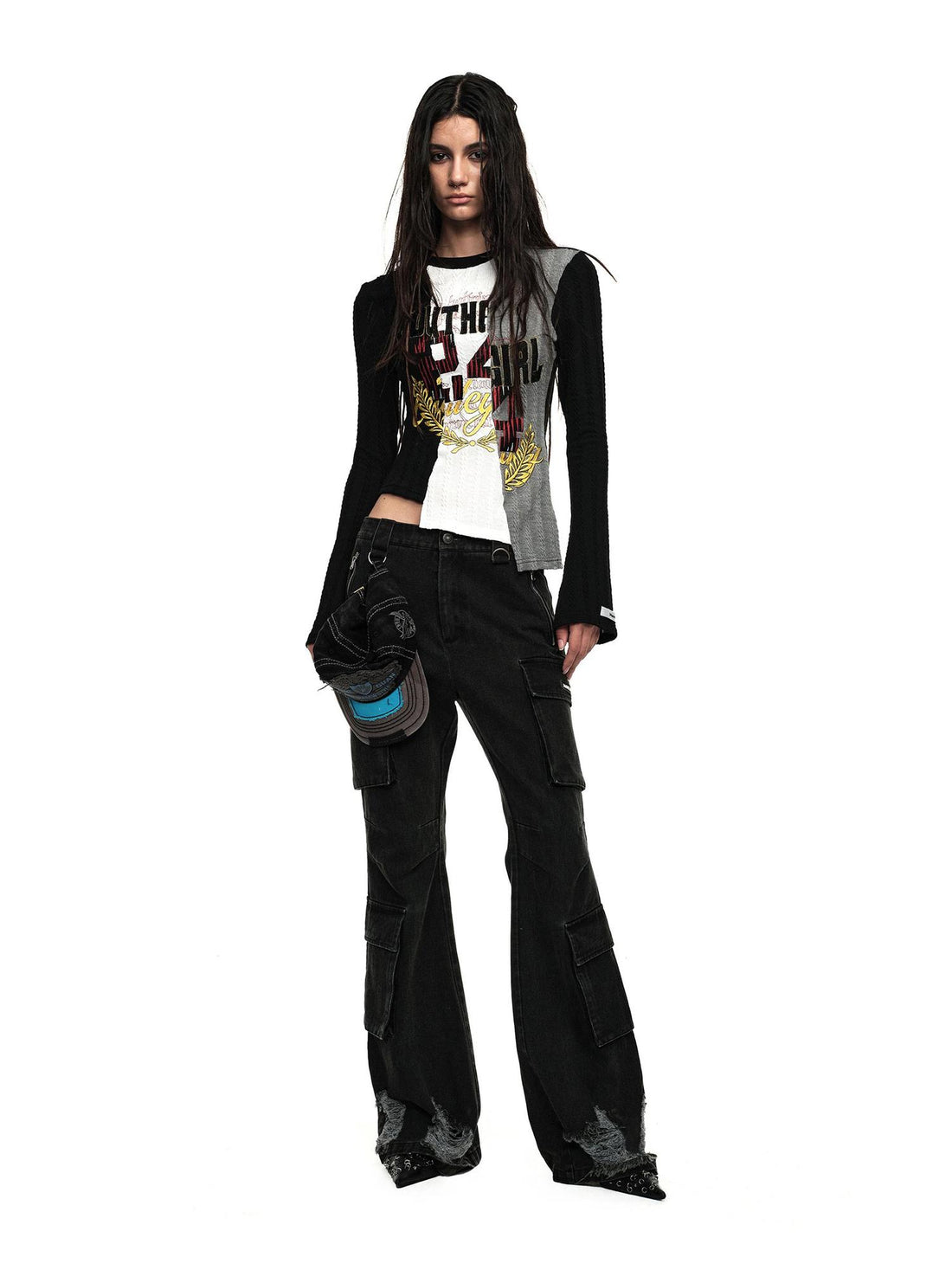 Distressed Black Flared Wide Leg Jeans With Raw Hem