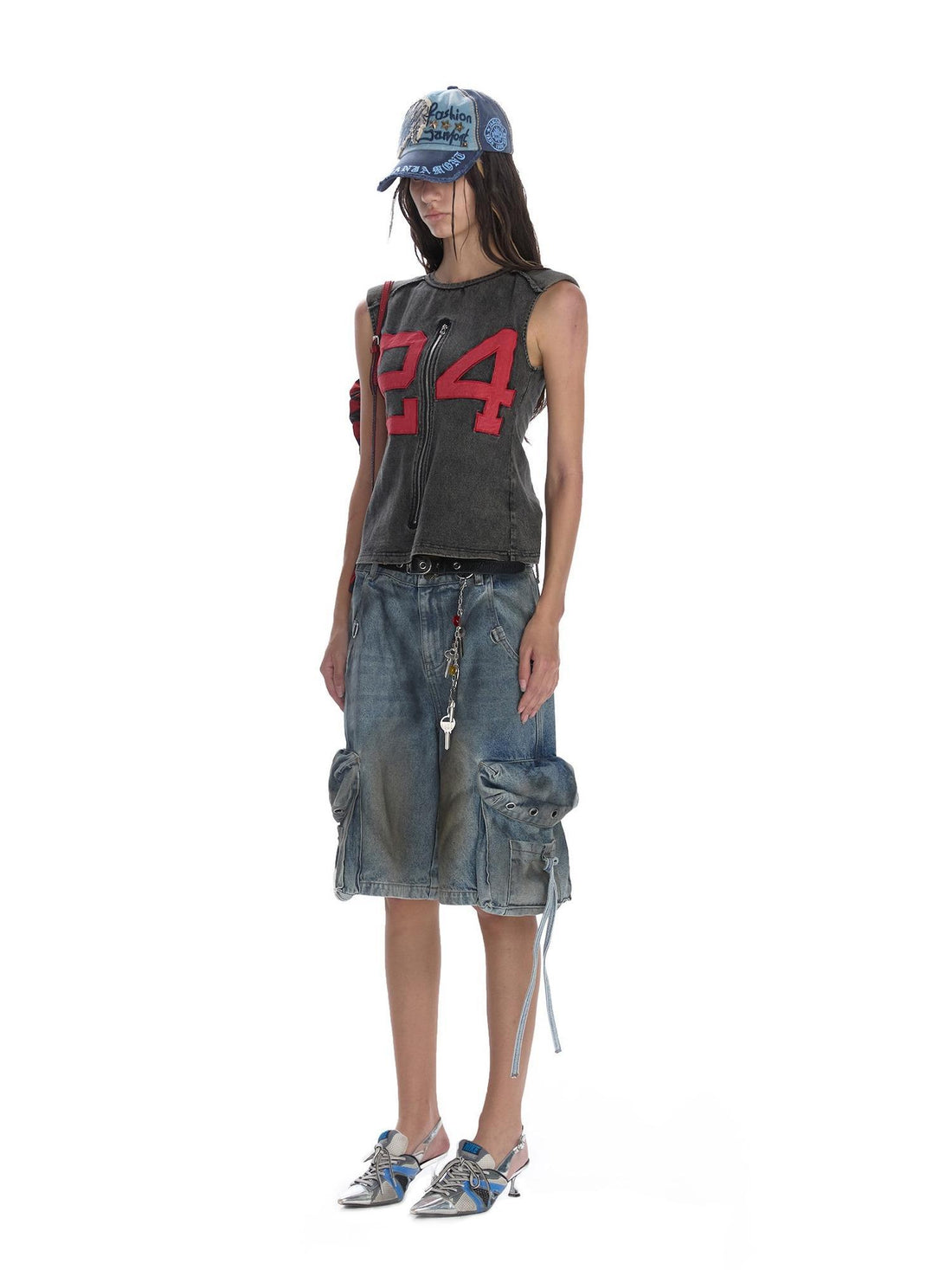 24ans Distressed Denim Cargo Wide Leg Shorts