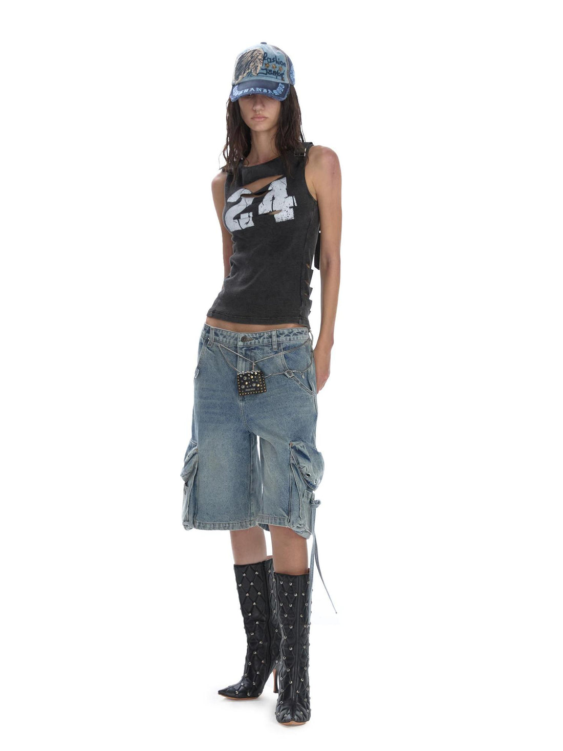 24ans Distressed Denim Cargo Wide Leg Shorts