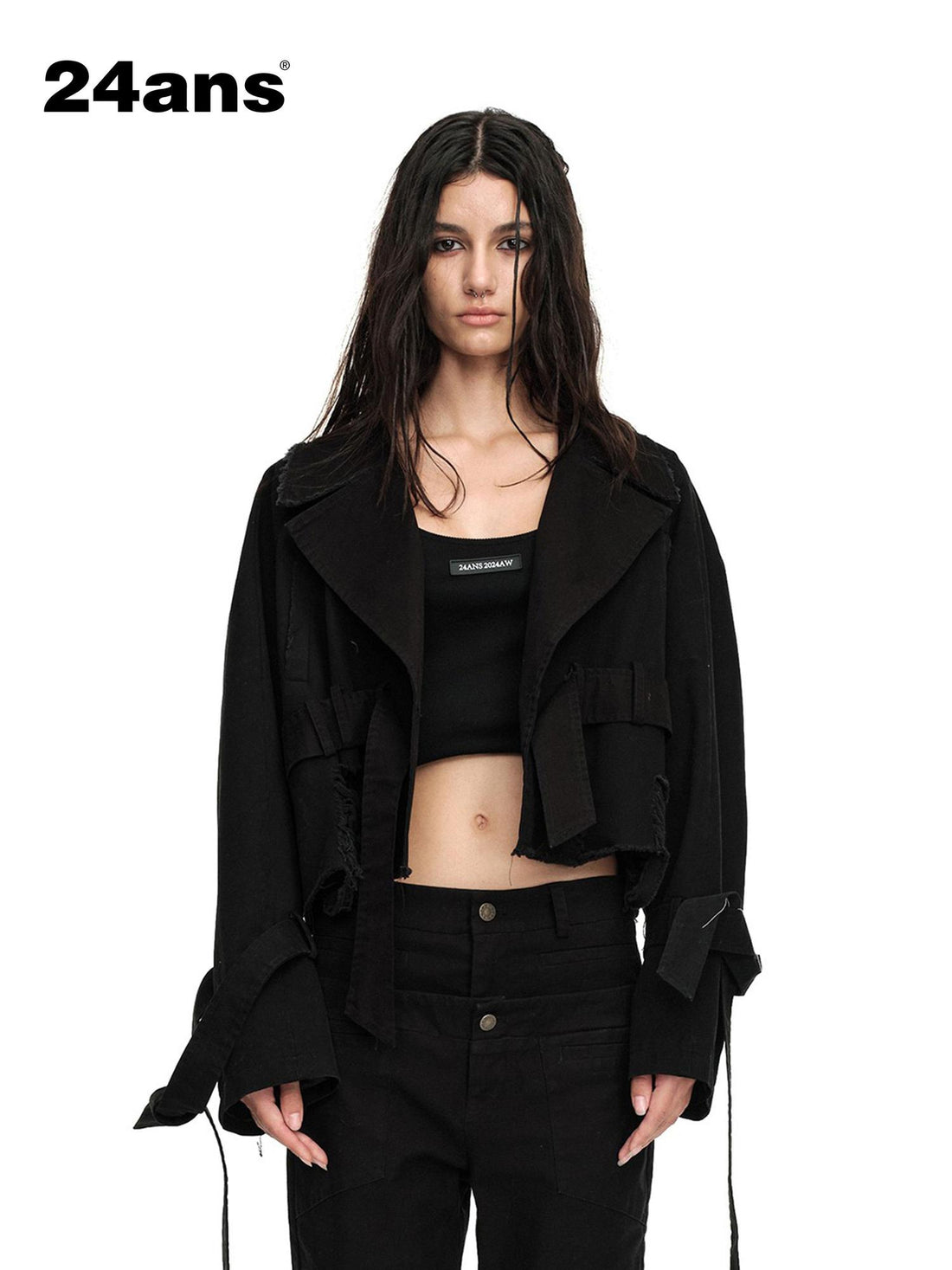 24ans Distressed Denim Jacket Cropped With Raw Hem