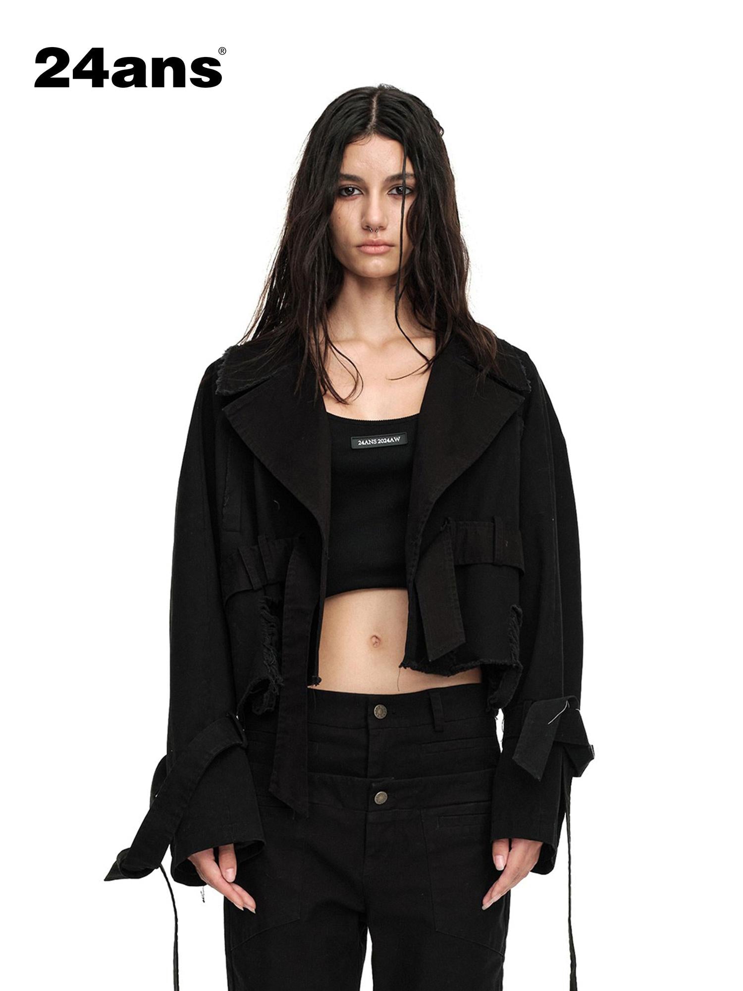 24ans Distressed Denim Jacket Cropped With Raw Hem