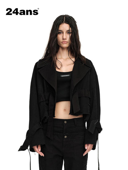 24ans Distressed Denim Jacket Cropped With Raw Hem