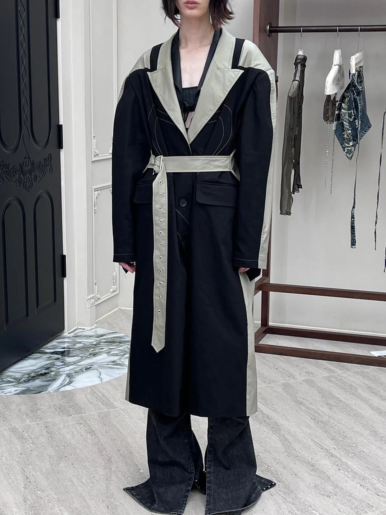 Distressed Denim Leather Trim Coat