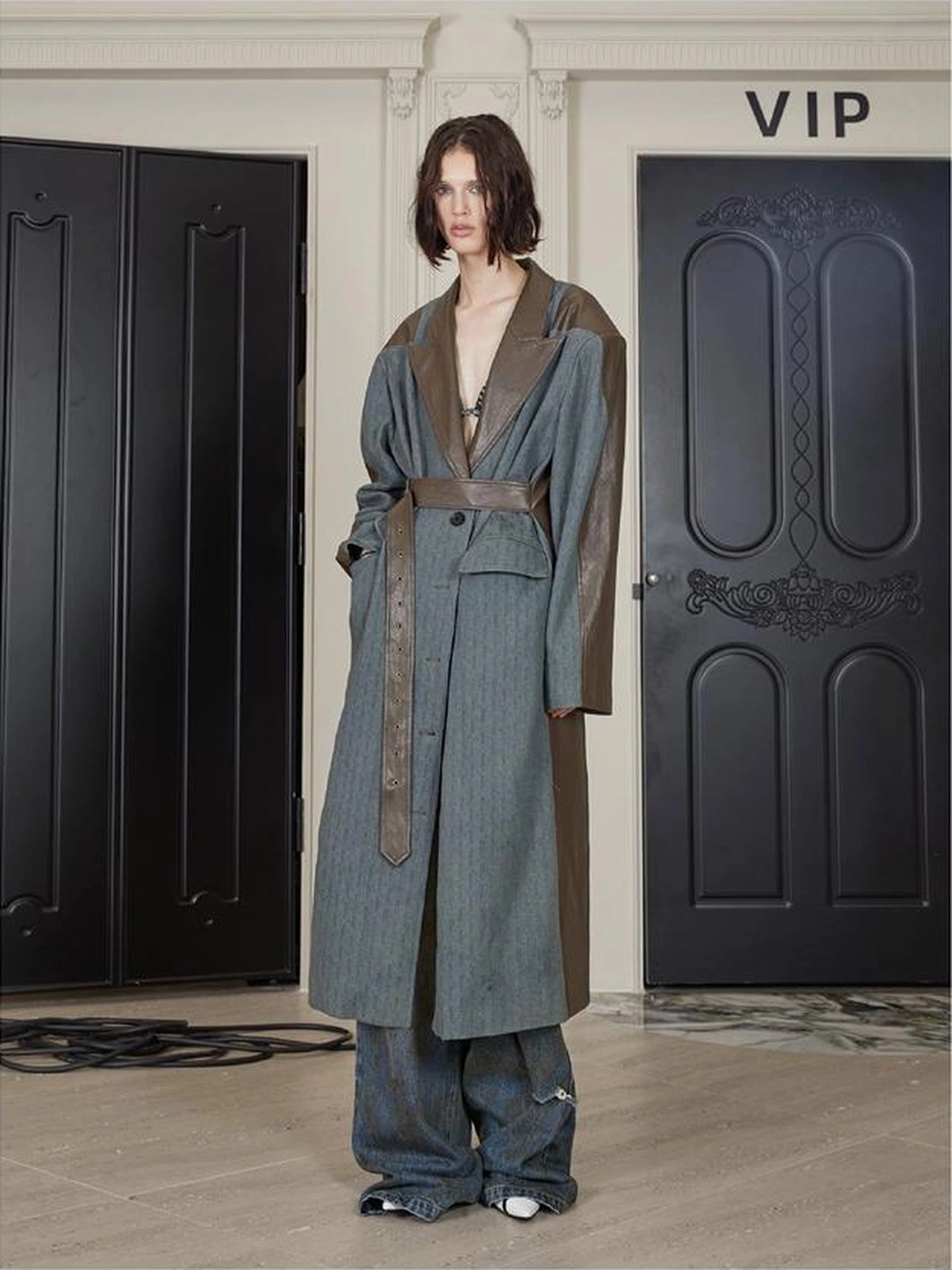 Distressed Denim Leather Trim Coat
