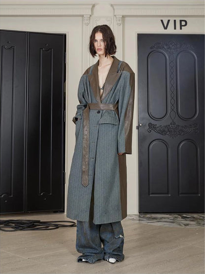 Distressed Denim Leather Trim Coat