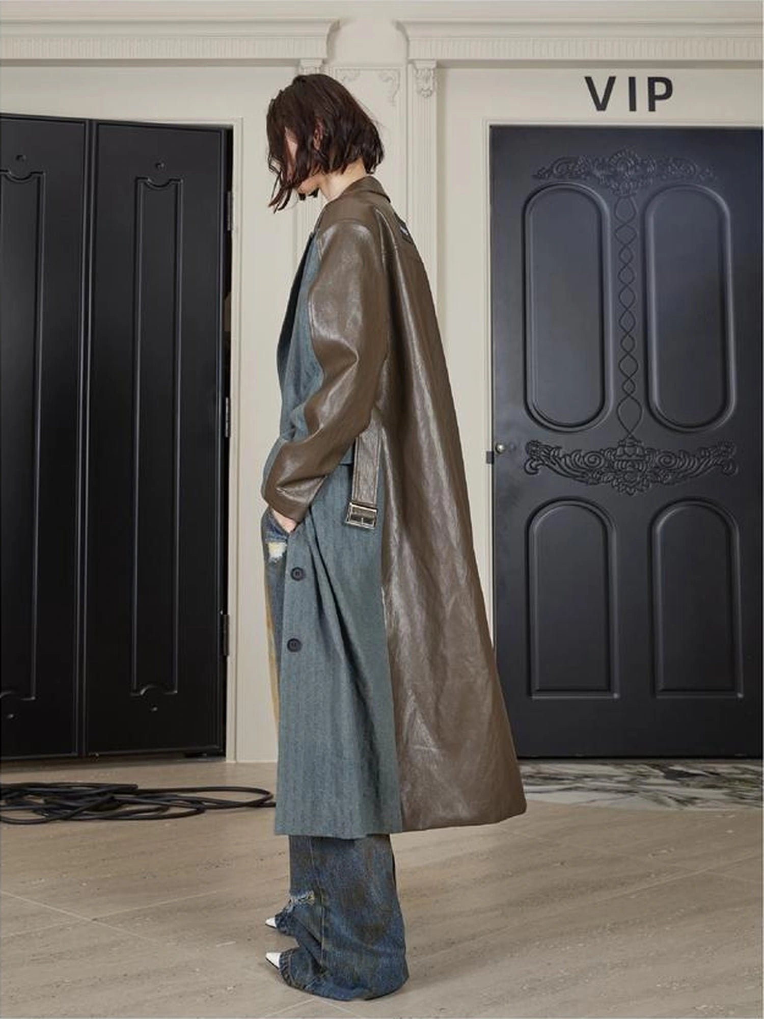 Distressed Denim Leather Trim Coat