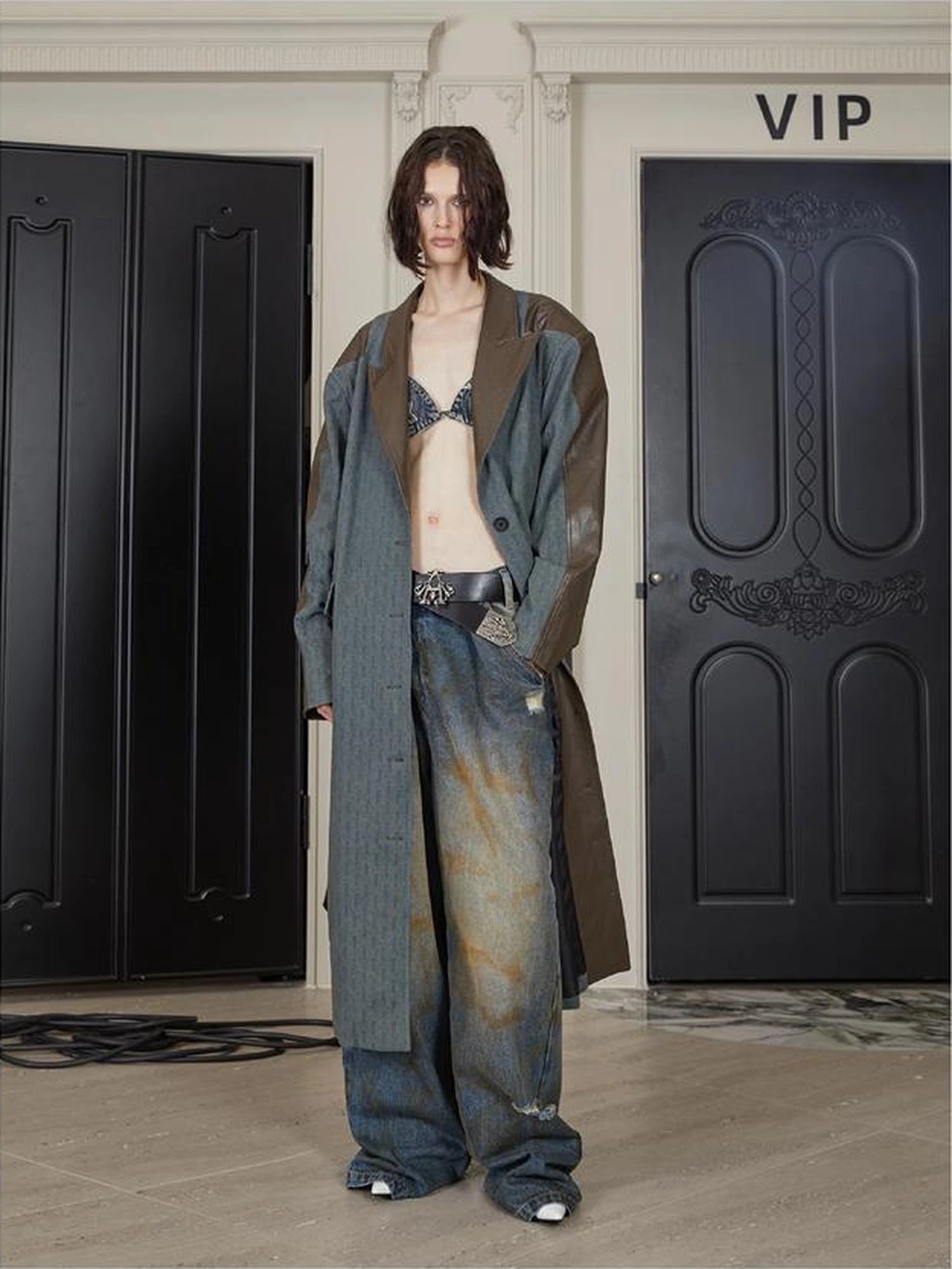 Distressed Denim Leather Trim Coat