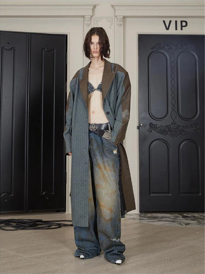 Distressed Denim Leather Trim Coat