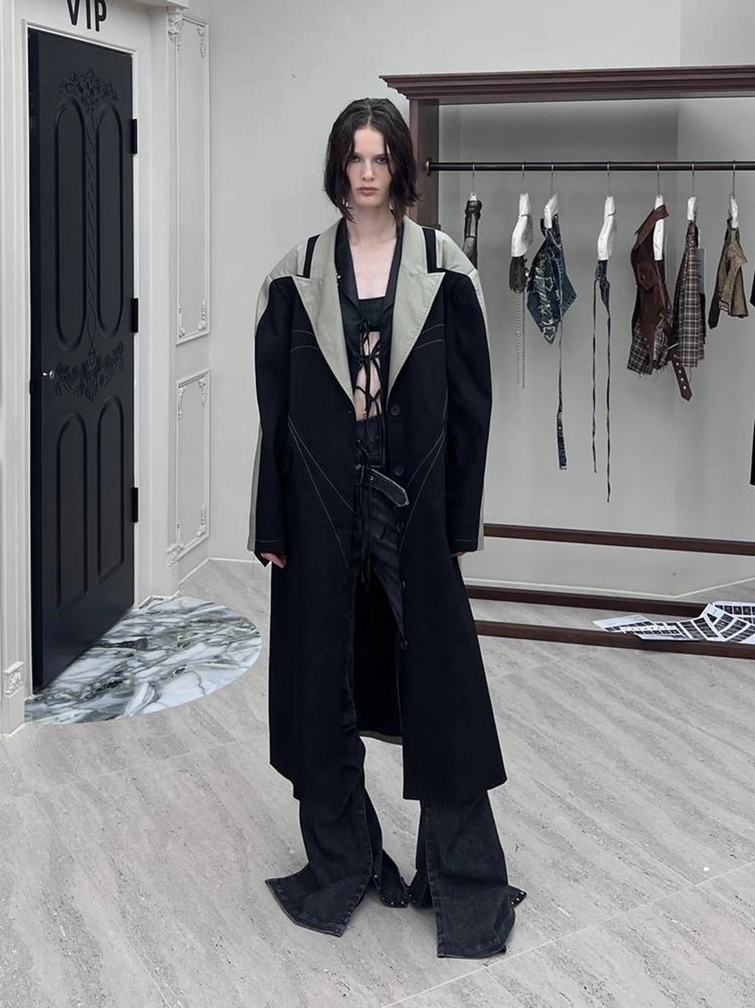 Distressed Denim Leather Trim Coat