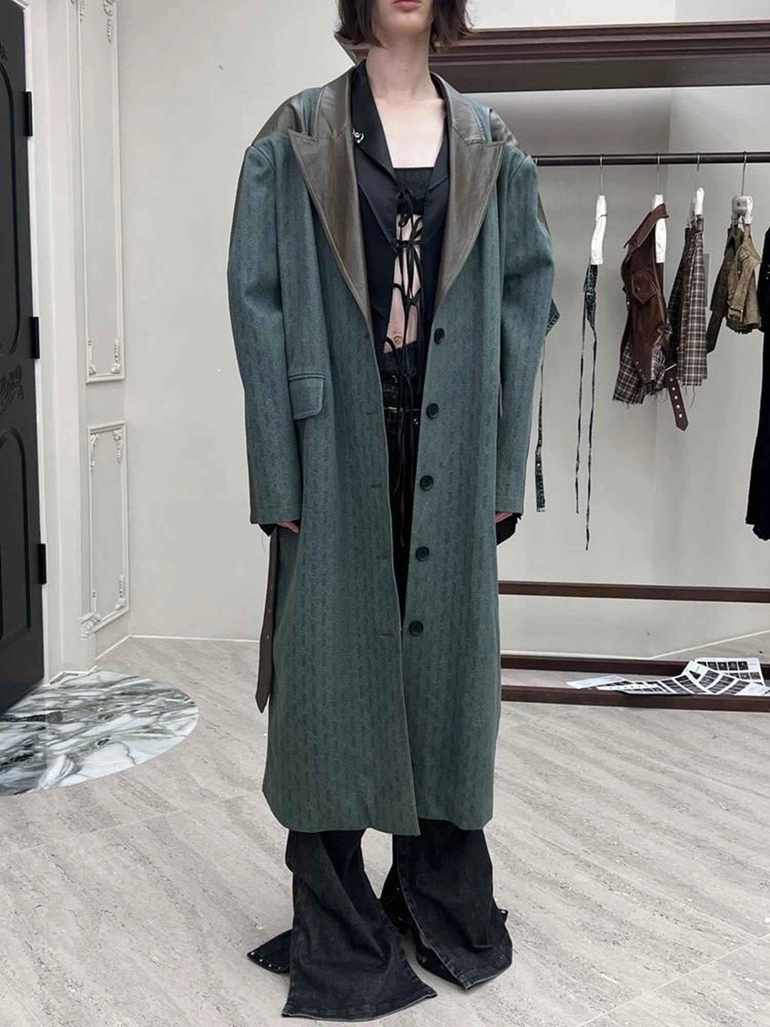 Distressed Denim Leather Trim Coat