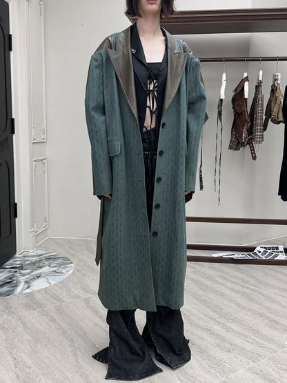 Distressed Denim Leather Trim Coat