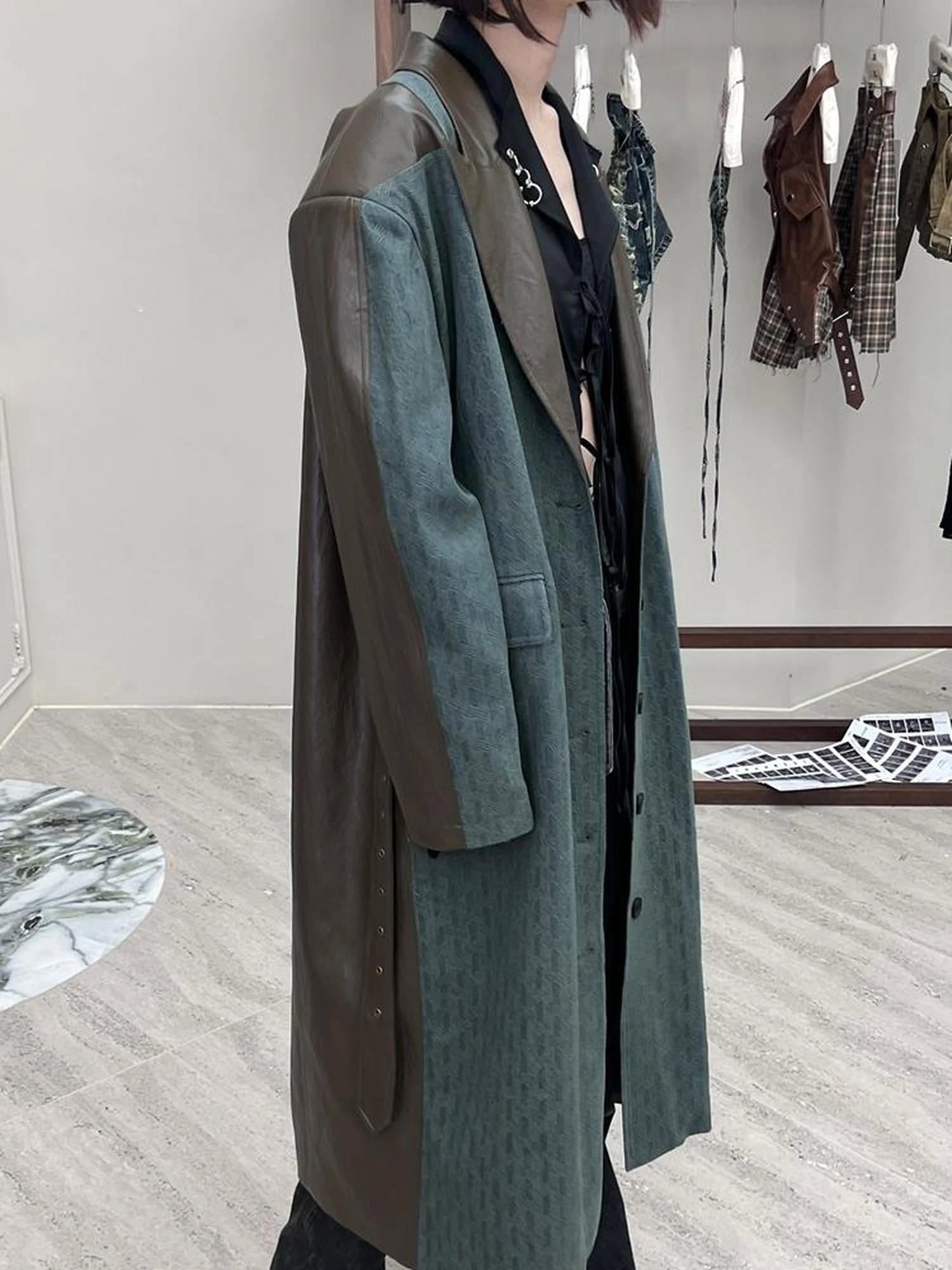 Distressed Denim Leather Trim Coat