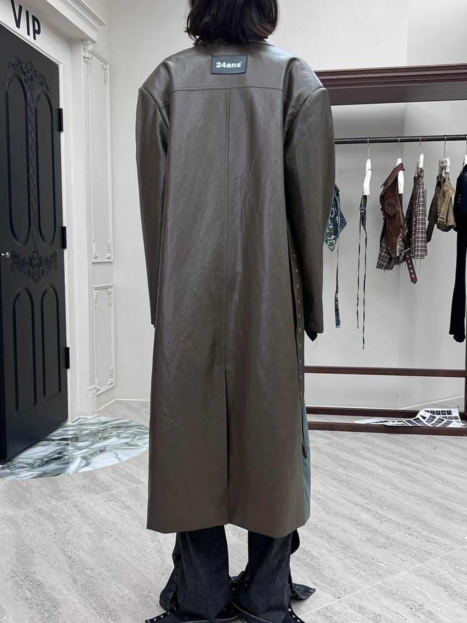 Distressed Denim Leather Trim Coat