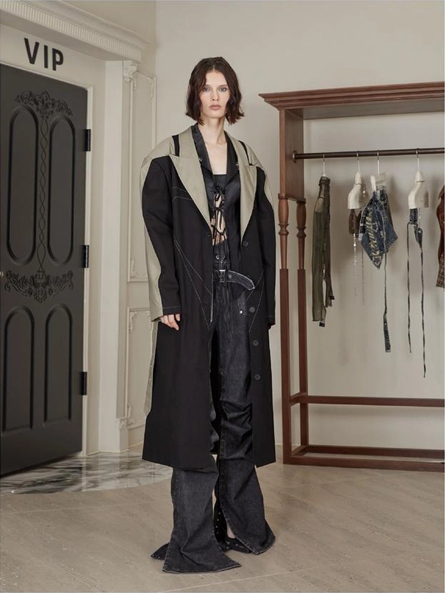 Distressed Denim Leather Trim Coat