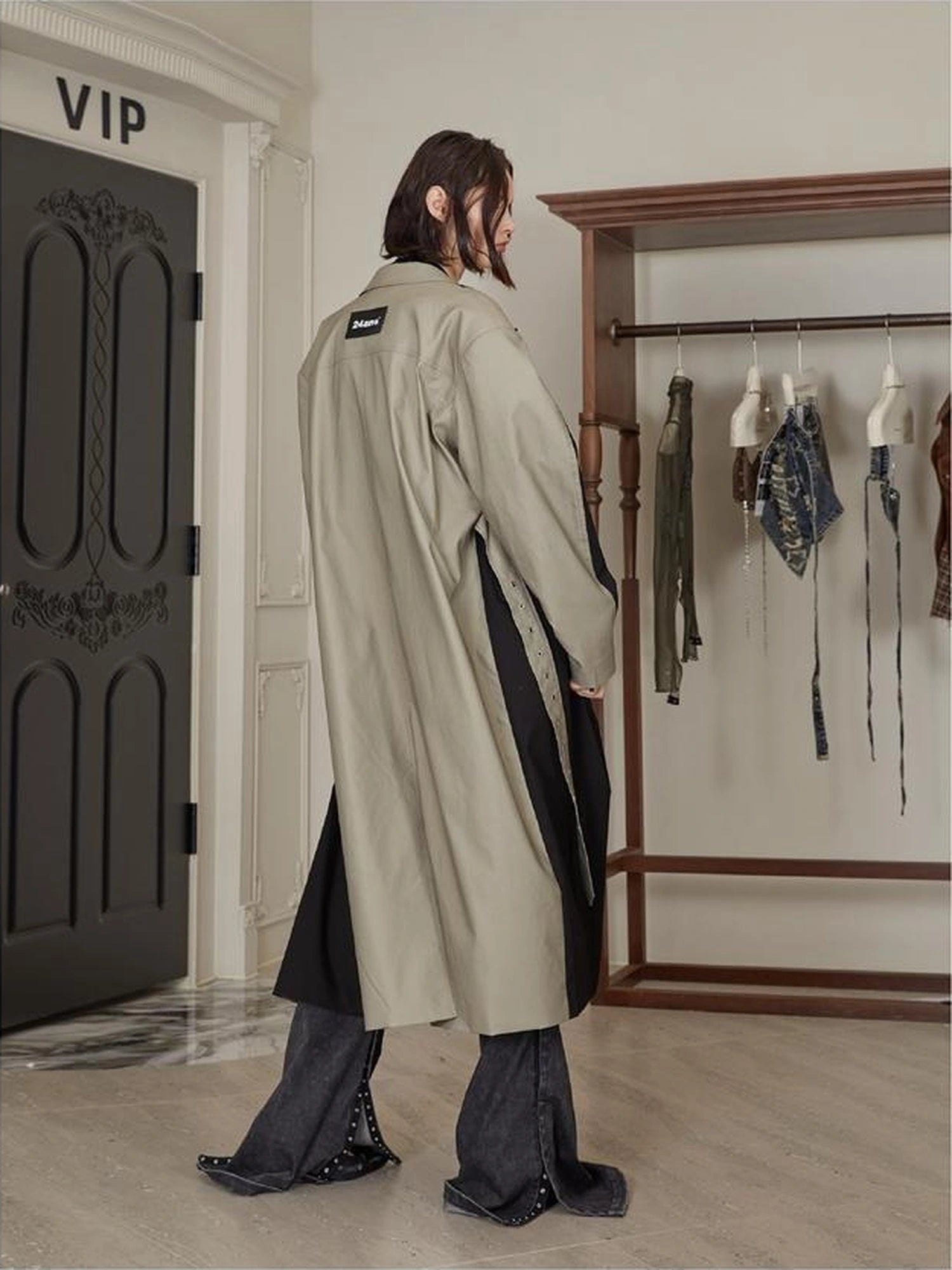 Distressed Denim Leather Trim Coat