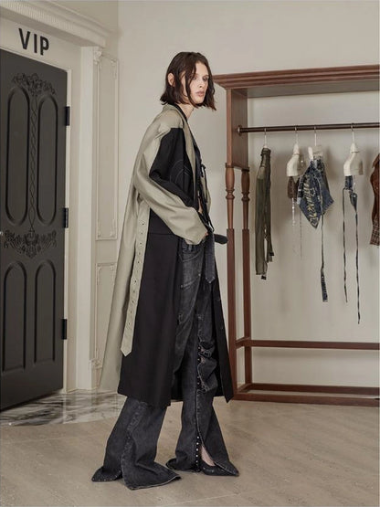 Distressed Denim Leather Trim Coat