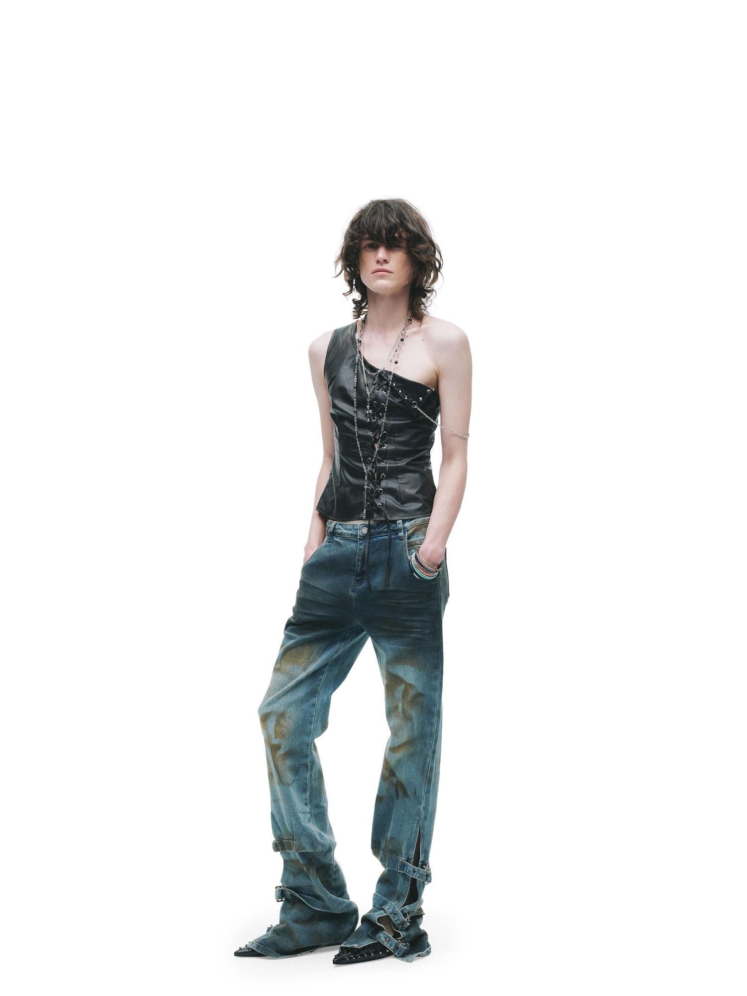 24ans Distressed Lace Patchwork Tie Detail Punk Women&
