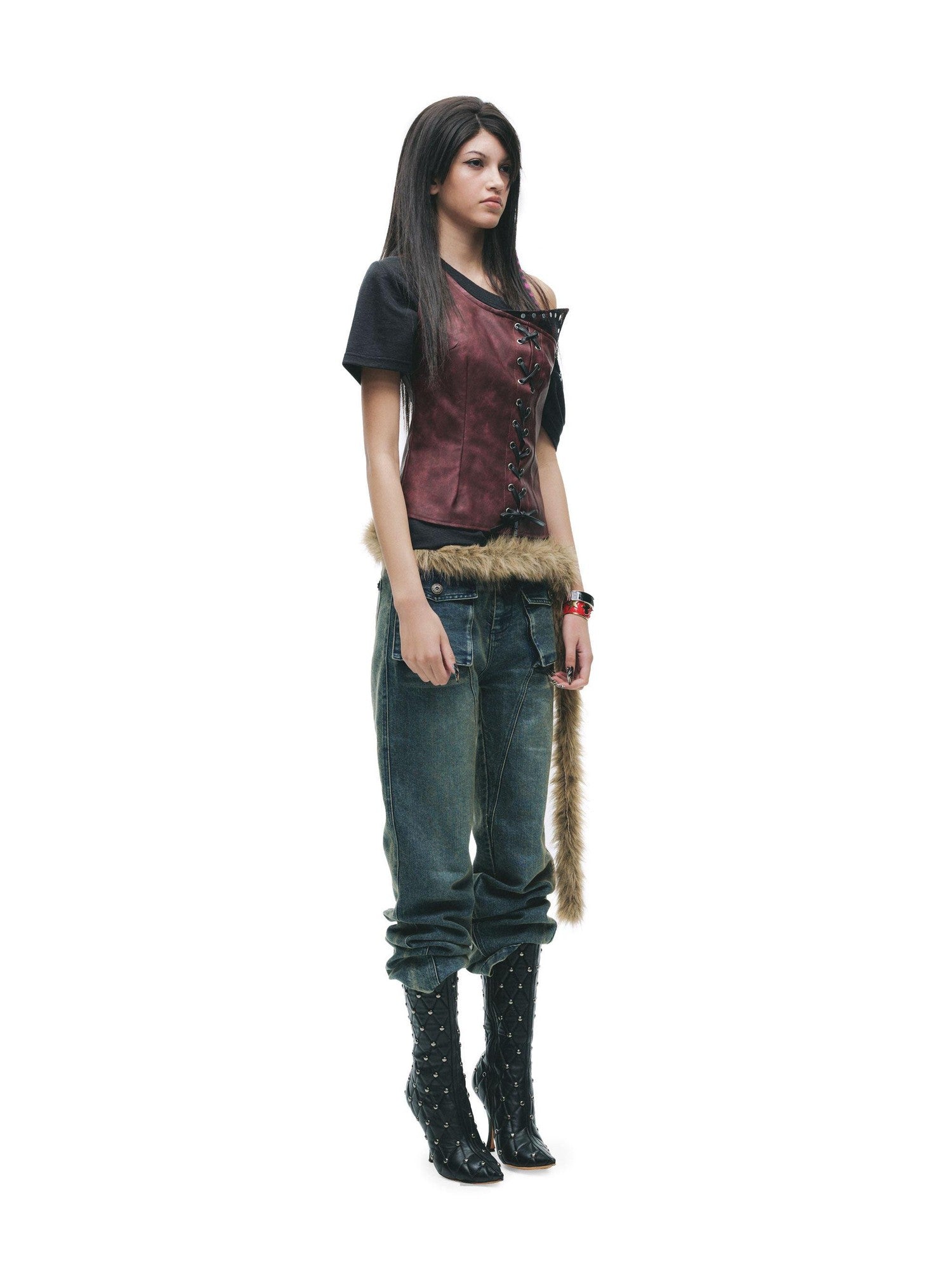 24ans Distressed Lace Patchwork Tie Detail Punk Women&