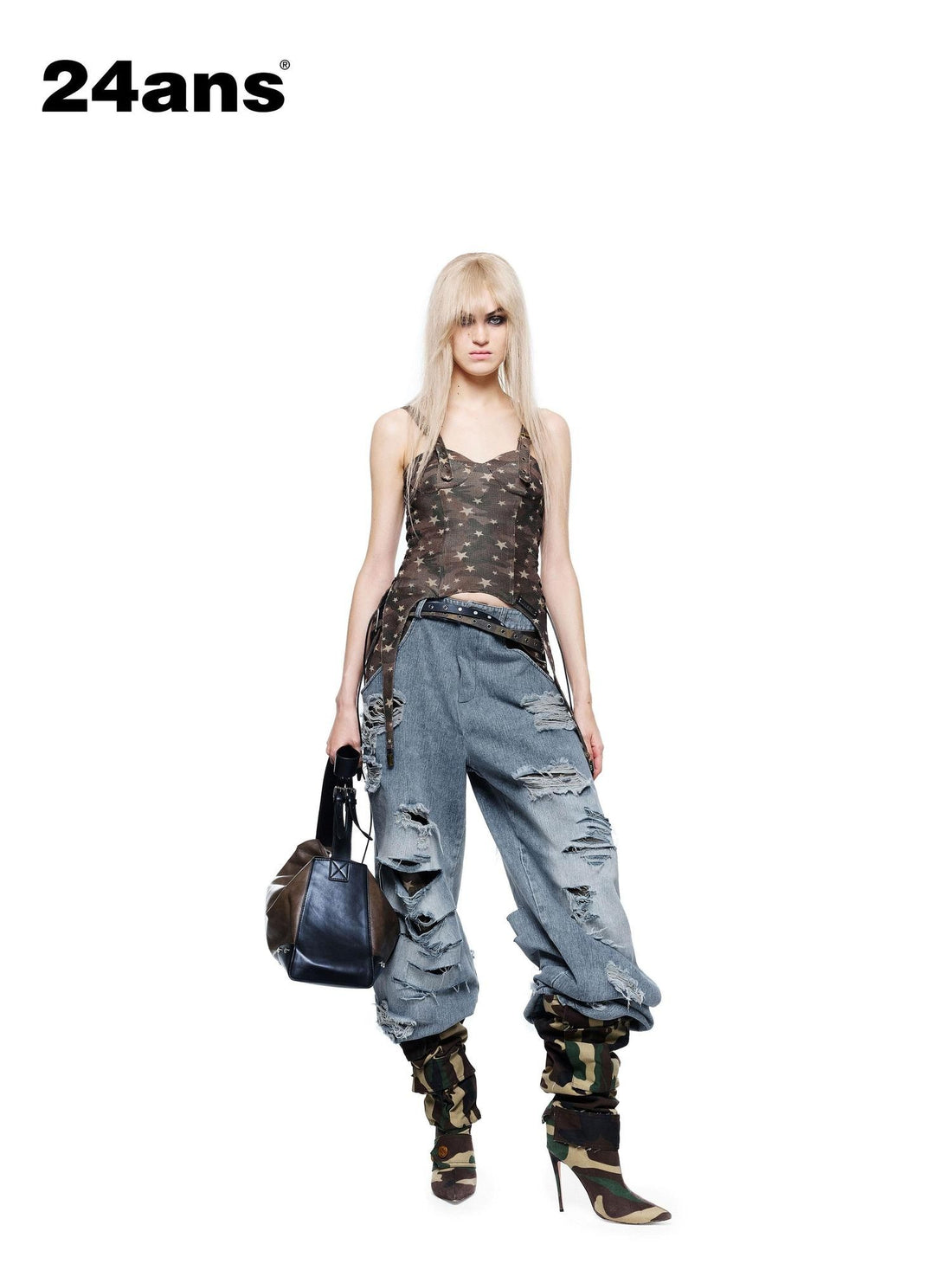 24ans Distressed Spliced Wide Leg Women&