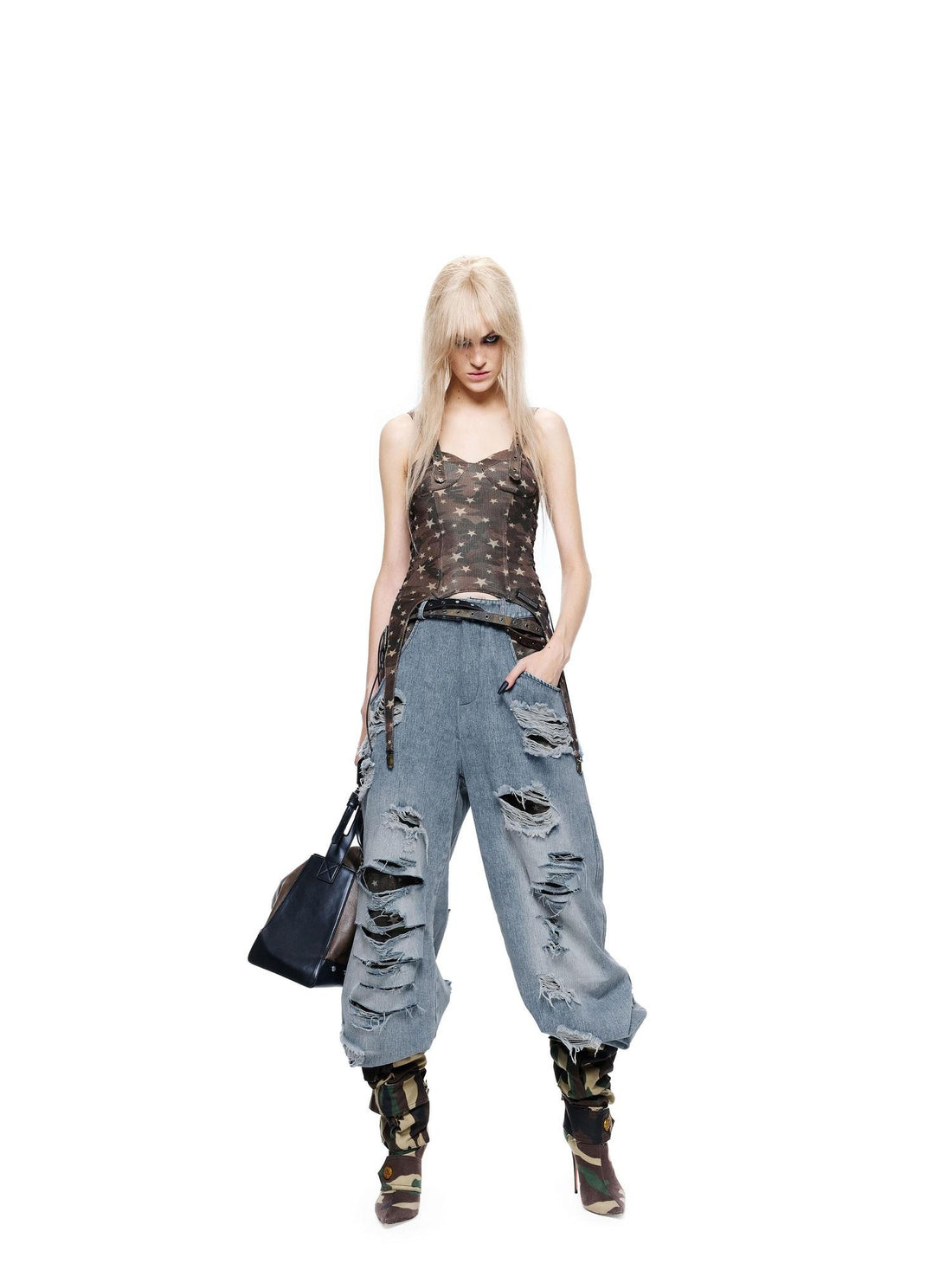 24ans Distressed Spliced Wide Leg Women&
