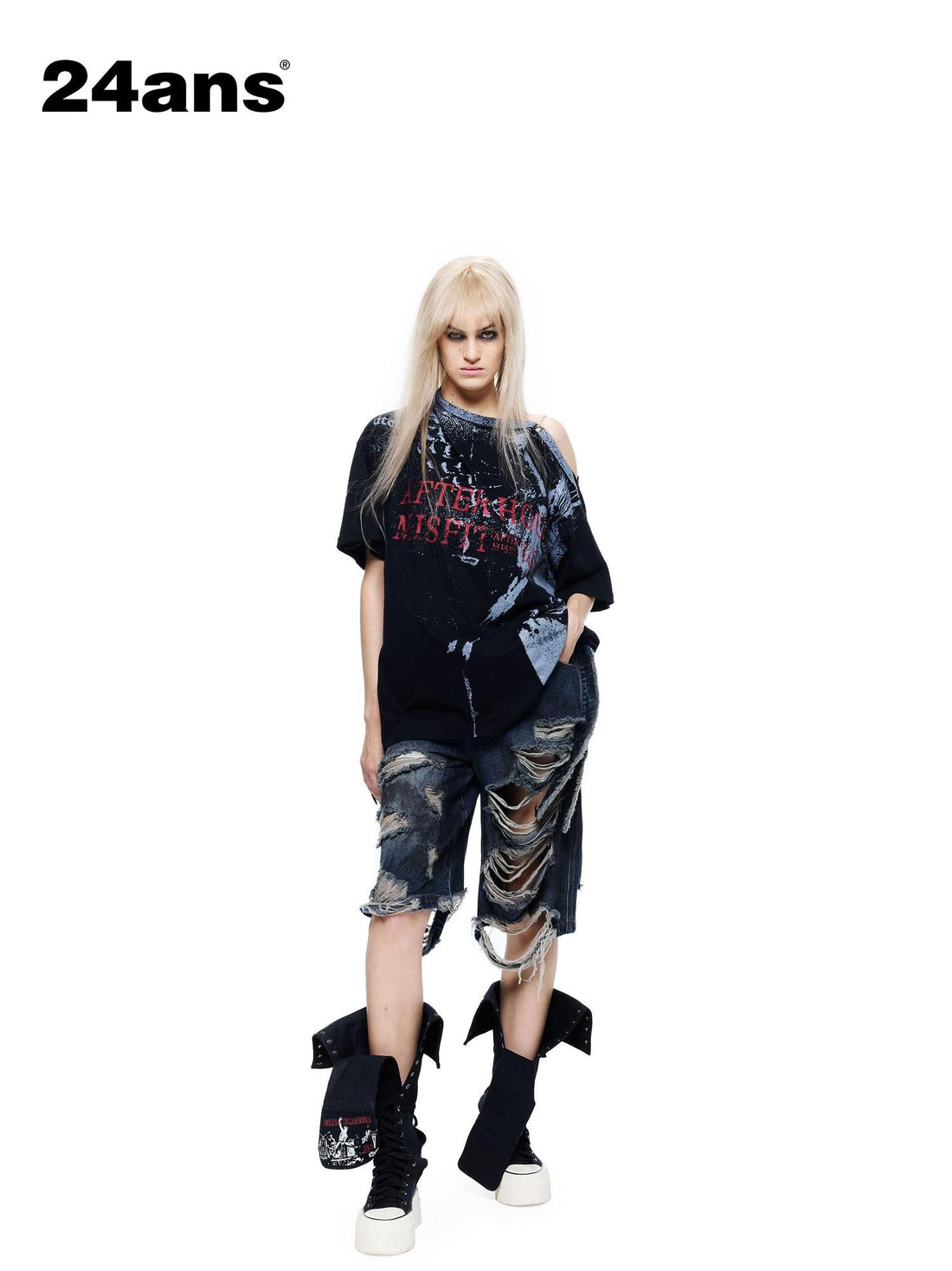 24ans Distressed Tie Dye Print Scoop Back Drop Shoulder Women&